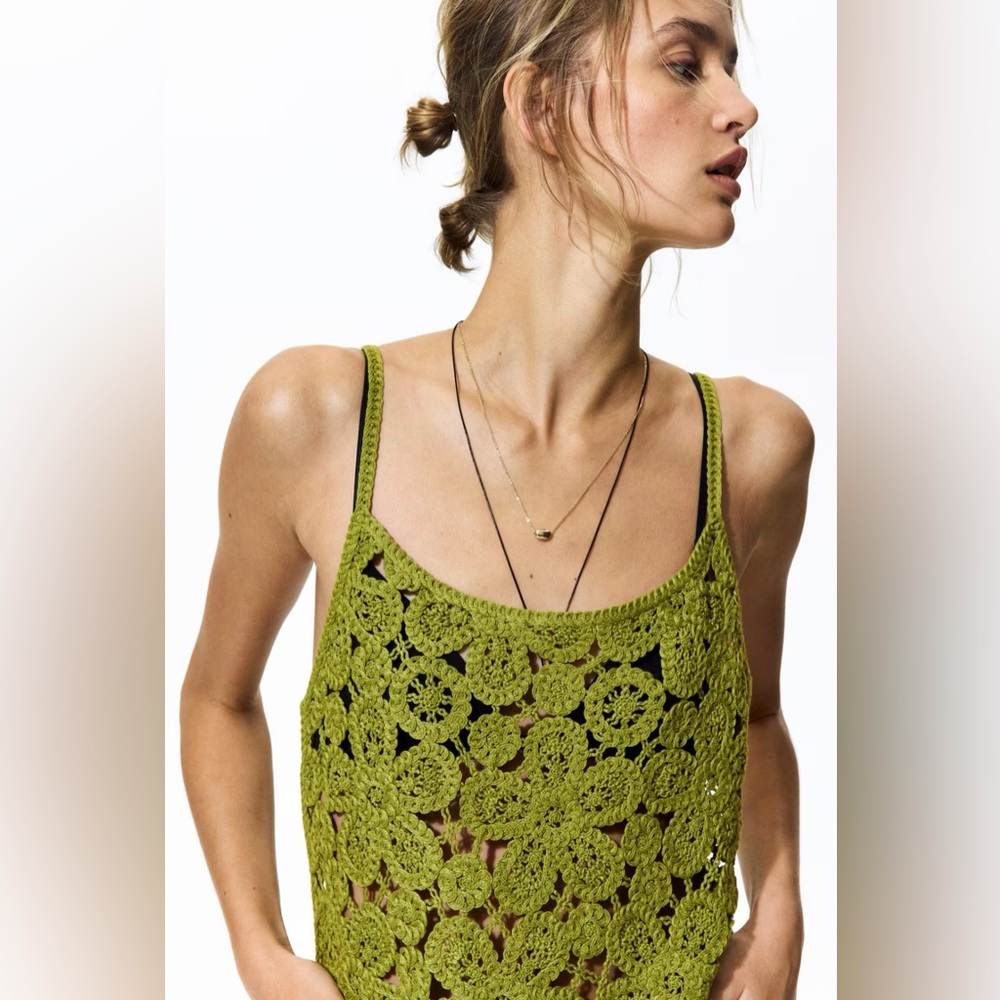 H&M OLIVE GREEN CROCHET-LOOK MINI DRESS - Picture 4 of 9